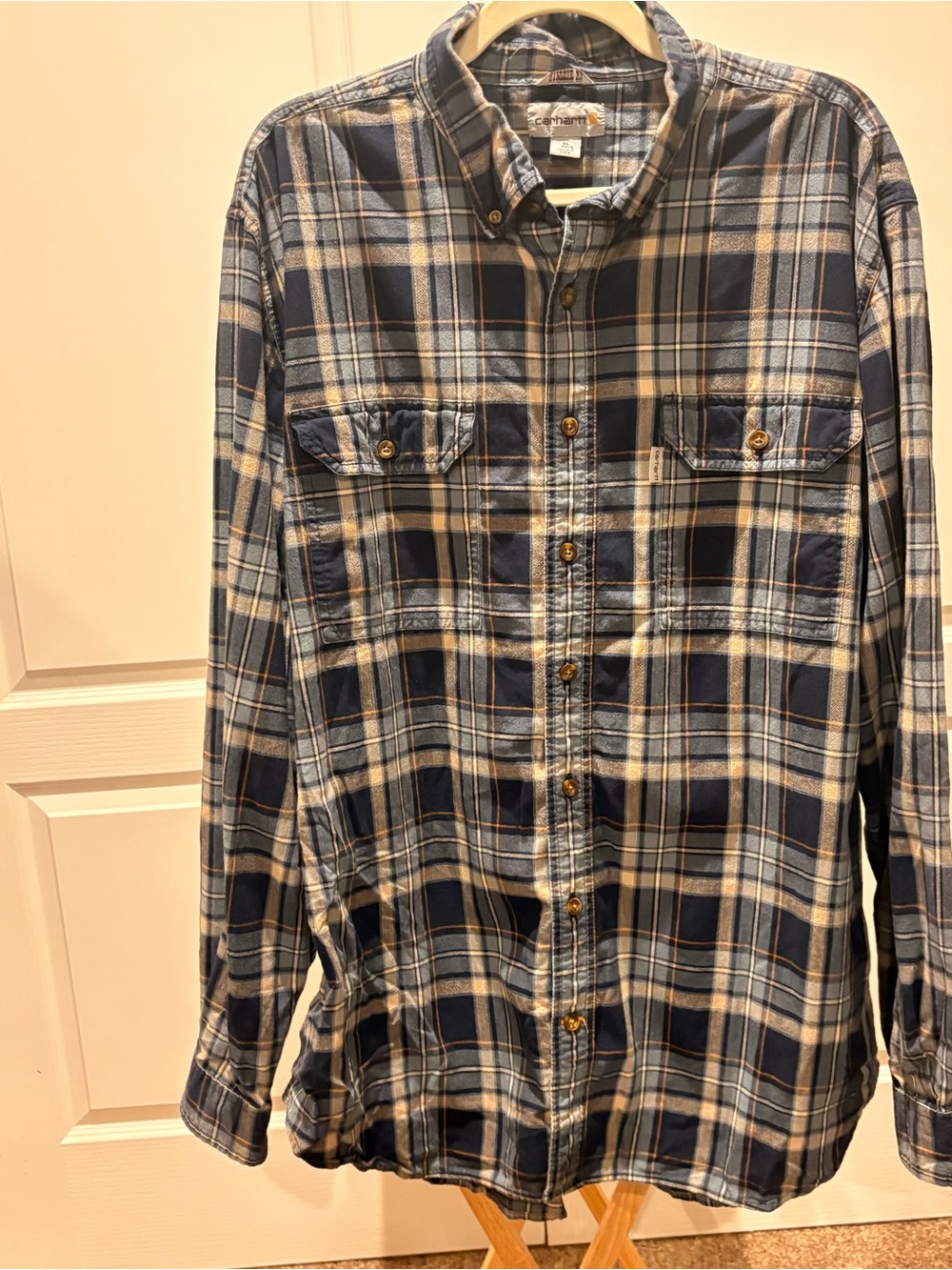 Carhartt XL Tall Plaid Flannel Shirt Men’s 100% Cotton Blue Gray Workwear